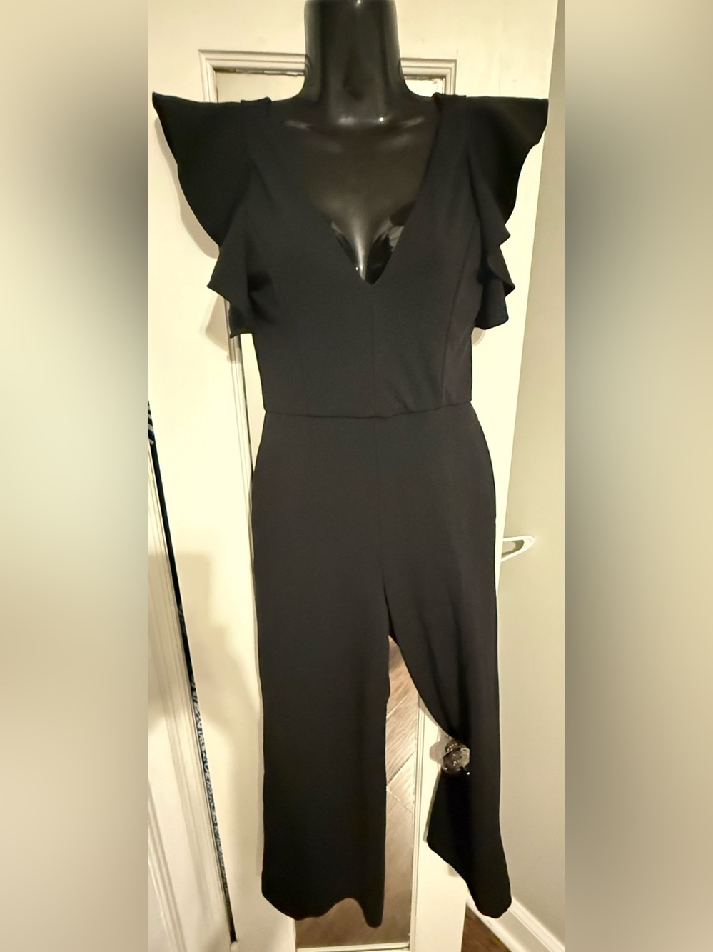 Rachel Roy Black Ruffle Sleeve Plunge V Neck Wide Leg Cropped Jumpsuit XS